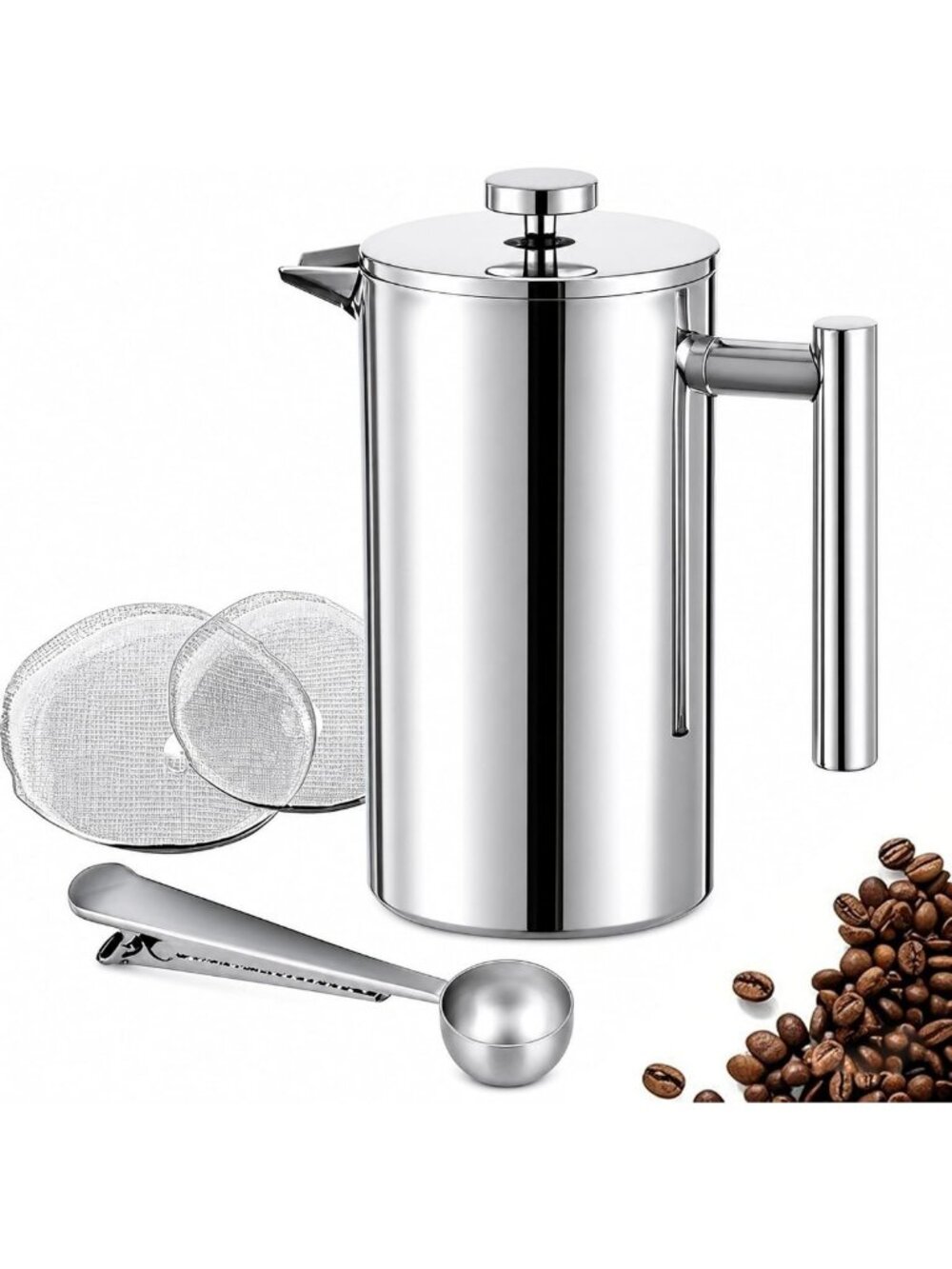 Stainless Steel French Press Coffee Maker - 12 oz Insulated, 2 Extra Filters